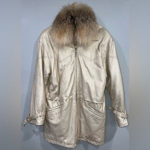 Vintage Damselle metallic Leather Jacket w/real fur collar Women’s small